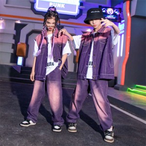 キッズダンス衣装 デニム ヒップホップ 男女兼用 ダンスウェア ダンス服 セットアップ ベスト パンツ K-POP jazz 韓国 ジャッズ 無袖 男