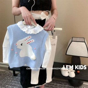 子供服 女の子 セットアップ ベスト Tシャツ 韓国風 長袖 うさぎ 動物柄 ２点セット 可愛い おしゃれ クルーネック ベイビー服 キッズ服 