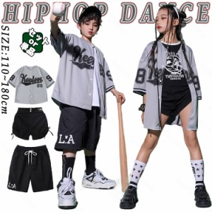 グレー ベースボールシャツ 半袖 夏 キッズ ダンス衣装 セットアップ 男の子 女の子 ショートパンツ トップス 短パン パンツ 上下セット 