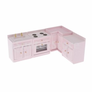 1:12ドールハウスミニウッドキャビネットセット食器棚キッチン家具 ピンク