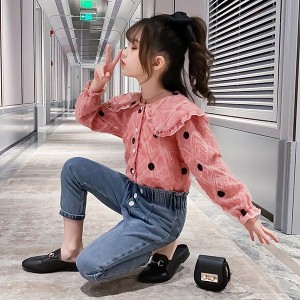 子供服 セットアップ キッズ 女の子 長袖 春秋 上下セット ブラウス シャツ 折り襟 デニムパンツ ロングパンツ 長ズボン おしゃれ 可愛い