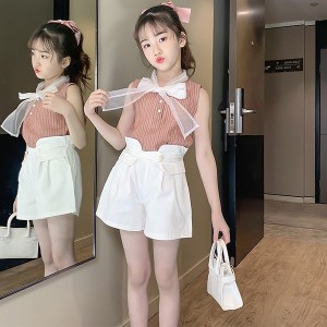 子供服 セットアップ キッズ 女の子 ノースリーブ 春夏 2点セット 上下セット Tシャツ 蝶結び 薄手 ショートパンツ ジュニア おしゃれ 可