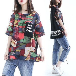 Tシャツレディース半袖韓国風夏新作ロングおしゃれトップスロングTシャツ綿麻半袖tシャツ40代きれいめカジュアル体型カバー大きいサイズ