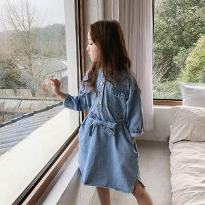 子供服 ワンピース キッズ 女の子 秋着 長袖 デニムワンピース 膝丈 子供ドレス dress 韓国子供服 ジュニア ベルト付き カジュアル おし