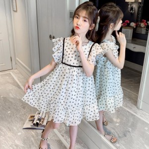 子供服 ワンピース 女の子 夏服 韓国シフォン花柄半袖 キッズ 子ども服 ジュニア 子供ドレス ベビー服 女児 可愛い おしゃれ お姫様 七五