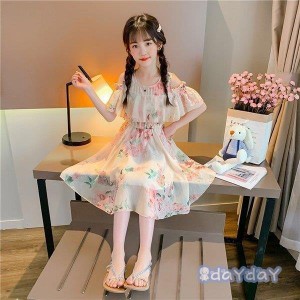 ワンピース キッズ 子供服 女の子 夏 キッズワンピース 半袖ワンピース 肩出し 花柄 子供ドレス ジュニア 子ども お姫様 おしゃれ 可愛い