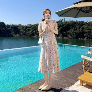 ワンピース レディース 小花柄 レトロ風 着痩せ 春 夏 ひざ丈 ミディアムワンピース カジュアル ワンピ 夏コーデ Aラインワンピース 半袖