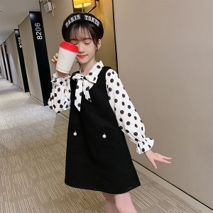 キッズ 長袖 ワンピース 子供服 春秋 2点セット キッズワンピース ブラウス 蝶結び ドット柄 子供ドレス お姫様 ジュニア おしゃれ 可愛