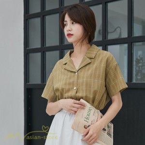 シャツ ブラウス レディース カジュアルシャツ トップス 韓国風 半袖 フリーサイズ チェック柄 夏服 サマーシャツ vネック きれいめ50代 