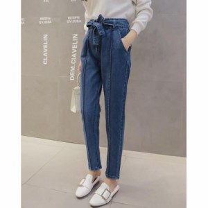 短納期デニムパンツ レディース ボトムス ロングパンツ ストレートパンツ ウエストリボン付き パンツ カジュアル denim ブルーLサイズ 在