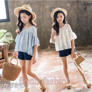 子供服 セットアップ キッズ 女の子 韓国子供服 上下セット 2点セット トップス 半袖 Tシャツ シフォン ショートパンツ 短パン デニム 春