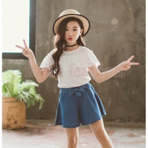 子供服 セットアップ 夏 韓国子供服 女の子 ジュニア キッズ 上下セット 2点セット 半袖 Tシャツ 薄手 デニムパンツ 可愛い 通学着 通園