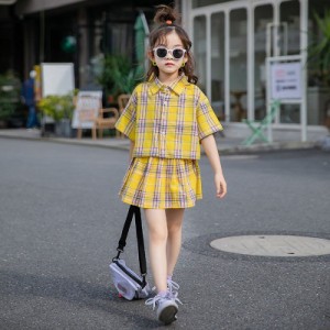 子供服 セットアップ 夏 韓国子供服 女の子 ジュニア キッズ 上下セット 2点セット 半袖 Tシャツ ミニスカート チェック柄 可愛い おしゃ