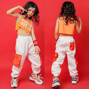 キッズダンス衣装 ヒップホップ HIPHOP 子供服 トップス タンクトップ へそ出し パンツ 長ズボン チアガール 子供用 女の子 ジャズダンス