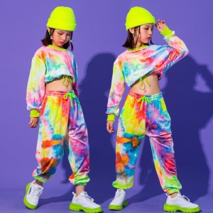 虹色 キッズダンス衣装 へそ出し 女の子 セットアップ ヒップホップ 子供 HIPHOP トップス パンツ 長ズボン 長袖ヘソ出し ジャズダンス 