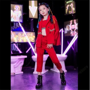 キッズダンス衣装 セットアップ レッド キッズ女の子 トップス 舞台服 ダンス衣装 へそ出し ステージ服 無地 子供ダンス ロングパンツ