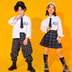 キッズダンス衣装 セットアップ 長袖 ブラック シャツ チェック柄 ロングパンツ スカート 女の子 男の子 舞台服 ダンス衣装 ステージ服 