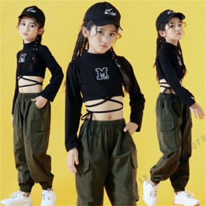 キッズダンス衣装 セットアップ 長袖 ブラック グリーン ロングパンツ サルエルパンツ 女の子 男の子 舞台服 ダンス衣装 ステージ服 演出