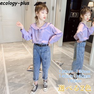 子供服 セットアップ キッズ 女の子 春秋 長袖 2点セット 上下セット Tシャツ デニムパンツ サロペット ジュニア おしゃれ カジュアル 可