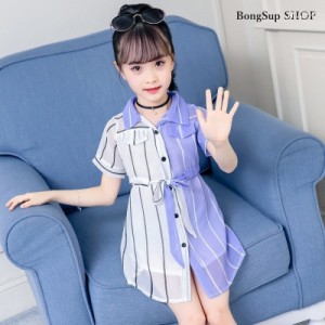 シャツワンピース 韓国子供服 夏 女の子 半袖ワンピース スプライシング ワンピース お嬢様風 着心地良い ファッション感