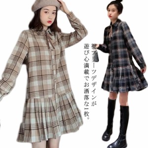  裾プリーツ シャツワンピース ワンピース チェック柄 レディース コスプレ ショート丈ワンピース ネルシャツ 秋服 冬服 厚手 20代30代40