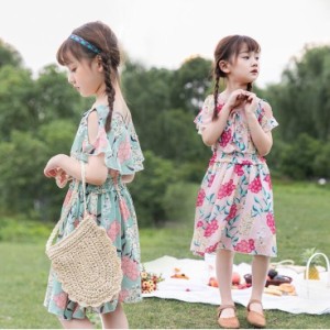 子供服 ワンピース キッズ 韓国子供服 女の子 ワンピース 花柄 膝丈 夏服 半袖 シフォン ドレス フレアワンピ ベビー ワンピース 姫 可愛