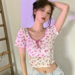 Tシャツレディースショート丈 半袖ゆるい夏トップスへそ出しルック 韓国ファッション 原宿系ヒップホップダンスストリート 風個性的スウ