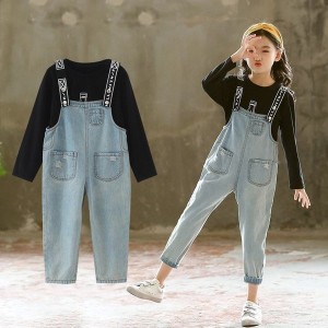 韓国子供服 女の子 デニム サロペットパンツ ２点セット 長袖 Tシャツ + サロペット 春秋服 子供トップス オーバーオール 女児