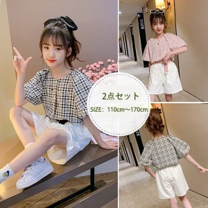 子供服 セットアップ キッズ 女の子 夏 2点セット 上下セット シャツ ブラウス 半袖 チェック柄 ハーフパンツ 半ズボン ジュニア おしゃ