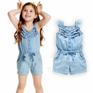 子ども用 サロペット キッズ 子ども服 ノースリーブ フリルスリーブ 膝上 夏 女の子 ウエストリボン 可愛い オシャレ デニム風 カジュア