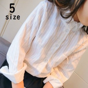 シャツ ブラウス 長袖 キッズ 子供服 トップス ボーダー 縦じま 立て襟 フレア襟 ボタン 左胸ポケット シンプル 清楚 きれいめ ロールア