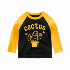 長袖Tシャツ Tシャツ カットソー 子供服 こども服 キッズ 男の子 サボテン 英字 プリント 切り替え ラウンドネック 長袖