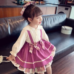 子供服 い ワンピース 韓国子供服2点セットシャツ +サロペットスカート女の子 キッズ 可愛い 春秋 レッド ワンピース 発表会//卒園式/入