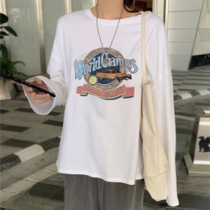 長袖Tシャツ カットソー Tシャツ レディース 女性 トップス チュニック丈 ラウンドネック クルーネック 車 ロゴ入り イラスト入り プリン