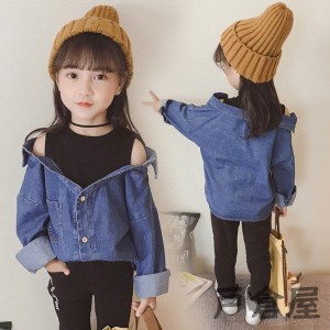 デニムシャツ風 プルオーバー 子供服 韓国子供服 女の子 キッズ ジュニア Tシャツ 長そで ダンガリー シャツ デニム 通園 通学 春 夏 秋