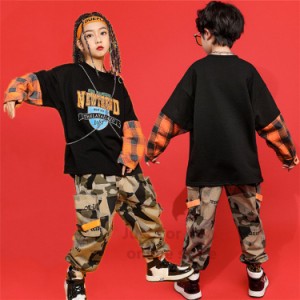 ダンス 衣装 キッズ ヒップホップ シャツ 迷彩パンツ 男の子 女の子 子供服 大きい カジュアル ジュニア hiphop jazz セール 激安