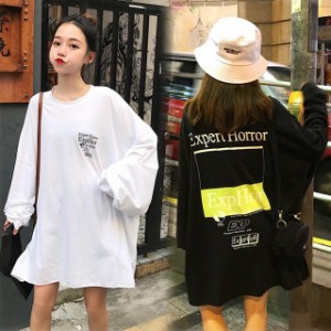 ビッグサイズ Tシャツ 長袖 オーバーサイズ ゆったり ラウンドネック ロゴ プリント ストリート 裾スリット 韓国ファッション