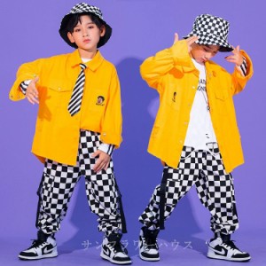 キッズ ダンス衣装 HIPHOP ヒップホップ セットアップ 子供 シャツ トップス 長袖 チェック柄 パンツ 長ズボン ジャズダンス イエロー 発