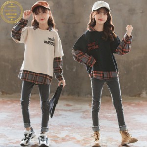 子供服 重ね着風 Tシャツ 長袖 パーカー キッズ 女の子 韓国子供服 チェック柄トップス おしゃれ 子ども服 カジュアル かわいい 通学 春