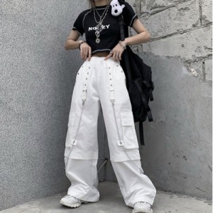 ワイド ワーク パンツ 韓国 ストリート ダンス 衣装 オルチャン 原宿系 K-POP チェーン カーゴ 個性 白 HIPHOP ボトムス