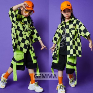 キッズダンス衣装 子供ダンス衣装  ヒップホップ HIPHOP ジャズ シャツ パンツ  帽子 格子縞 チェック柄 ステージ衣装 イベント 子供 女