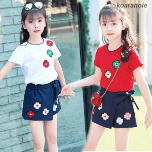 韓国子供服 女の子 Tシャツ スカート チェックセット 2点上下セットフォーマル スカジャン キッズ ダンス セットアップ 刺繍花柄 カジュ