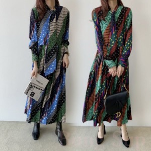 ワンピース レディース 40代 春秋 マキシ丈ワンピース プリント 長袖 シフォンワンピース プリーツ ロング丈 Aライン 上品 韓国風 通勤