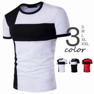 Tシャツ メンズ 半袖 大きいサイズ トップス カットソー 切替 夏 個性 カジュアル 新作 黒 3L サマー 赤 白