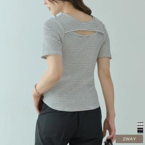 細ボーダーテレコ前後2WAYレイヤードライク半袖Tシャツ
