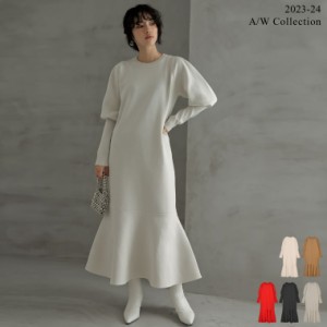 [TIME SALE][2023A/W COLLECTION][低身長サイズ有]ミラノリブパフスリーブスポンジニットマーメイドワンピース