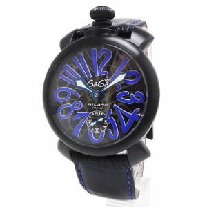 （新品・未使用品）ガガミラノ GaGa MILANO マヌアーレ 48MM モザイク 手巻き 腕時計 型押しカーフレザー ブラック ブルー 黒 青 5012.MO