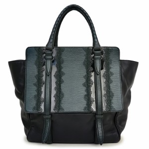 （中古）ボッテガヴェネタ BOTTEGA VENETA イントレチャート ハンドバッグ カーフスキン リザード ブラック カーキ 黒 緑