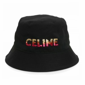 （未使用保管品）セリーヌ CELINE エンブロイダリー グラデーションシークイン バケットハット 帽子 L #59cm コットン スパンコール ブラ