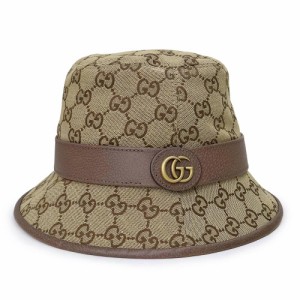 （新品・未使用品）グッチ GUCCI ダブルG フェドラハット S 57cm 帽子 GGキャンバス レザー アンティークゴールド金具 ベージュ ブラウン